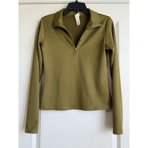 H & M Women's Ribbed Olive Green Long Sleeve 1/4 Zip Top Size Medium